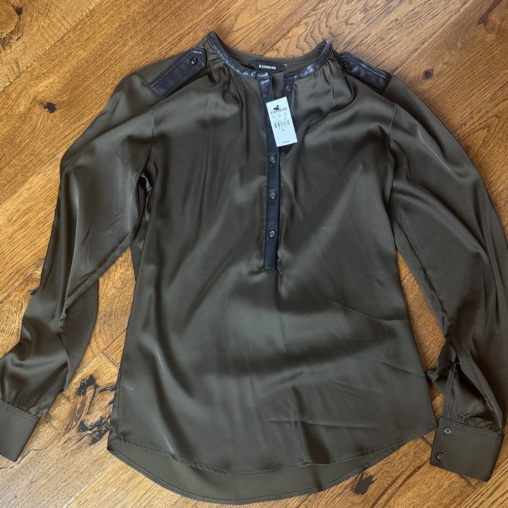 Express Olive Green Blouse with Black Details